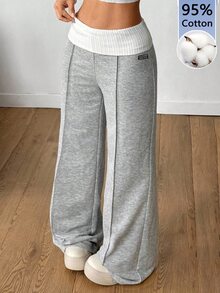 SHEIN 青少年女孩時尚休閒拼色腰帶寬腿運動長褲 - 淺灰色 - 查看 9