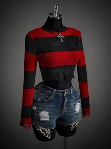 SHEIN ICON Fall Women's Autumn Halloween Red And Black Goth Devil Girl Fashion Colorblock Striped Distressed Sweater - Multicolor - View 5