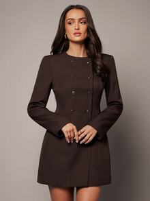 Silquee Women's Solid Color Round Neck Long Sleeve Double-Breasted Elegant Jacket Dinner Office Dark Brown Autumn - Brown - View 5