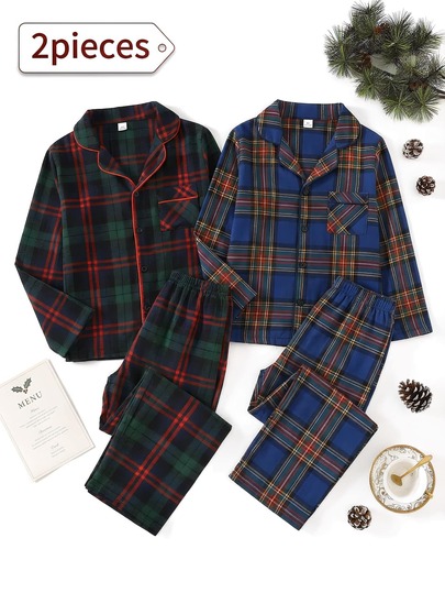Pyjamasset för tween-pojkar i rött, grönt och svart klassiskt rutmönster, långärmad skjorta med knappar och krage, långbyxor, loungewear