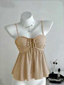 SHEIN 女款夏季可愛純色百褶布料粉色細肩帶背心 - 卡其色 - 查看 3