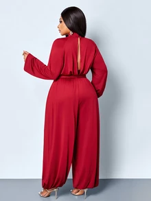 SOLERSUN Jumpsuit Ukuran Besar Model Halter Neck Lengan Panjang Berkerut dengan Celana Panjang Lebar Berlipit di Pinggang, Nuansa Santai Liburan Pantai Warna Burgundy untuk Musim Gugur - Burgundy - View 2