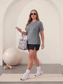 Gameset SHEIN Sport Plus Size Sports Fashion T-Shirt 2 Pieces Set, Gray And Pink Short Sleeve Mesh Patchwork Fashion T-Shirt Sportswear Gym Summer Kawaii - Multicolor - View 8