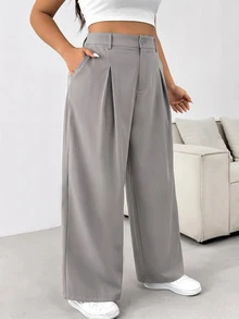 SHEIN EZwear 大尺碼女款純色簡約商務長褲，適合畢業場合 - 藕粉色 - 查看 1