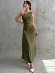 Firerie 女款優雅正式辦公通勤休閒度假派對復古教師風網紗素色洋裝 - 軍綠色 - 查看 6