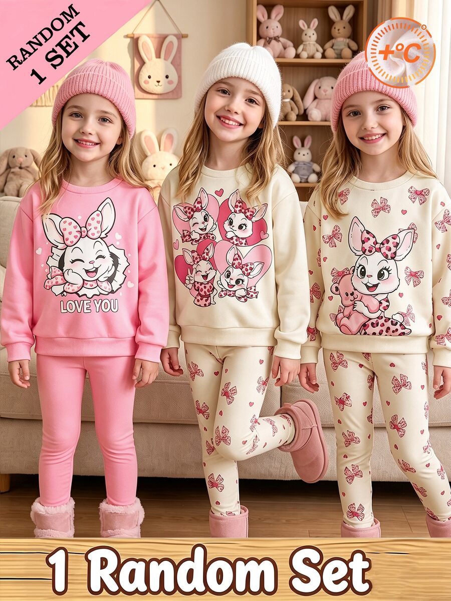 Randomly Shipped 1 Set (2 Pieces): Young Girls Cartoon Bow Hoodie & Sweatshirt Co-Ords Cute Tops New Fall Styles Autumn Graphic Tees Cartoon Rabbit - White - View 1