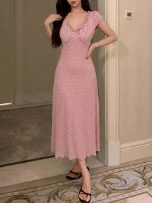 DAZY 碎花荷葉邊收腰長款女式睡袍 - 粉色 - 查看 4
