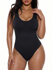 SHEIN Sports Solid Color Backless Sleeveless Sports Jumpsuit - Black - View 3