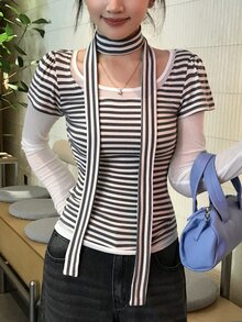 DAZY Women's Striped Short Sleeve Tie-Front T-Shirt - Grey - View 8