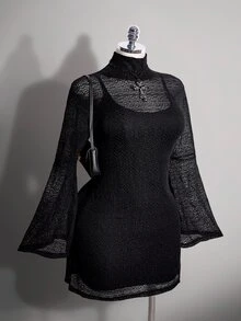 SHEIN ICON Plus Size Y2K Stand Collar Mesh Sheer Flare Sleeve Dress 2 Pieces Set, Halloween Gothic Vintage 2 Pieces Set Fall - Black - View 4