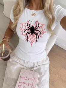 CovetEZ 休閒極簡性感露肩 95% 白色棉短袖 T-shirt，適合春夏，春夏服飾，蜘蛛印花圖案 - 白色 - 查看 5