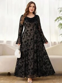 Reflora Plus Size Fashion Party Floral Flocked Mesh Dress Fall - Black - View 6