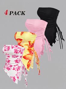 SHEIN MOD 4件組夏季休閒花卉印花不對稱下擺抹胸上衣 - 玫紅色 - 查看 4