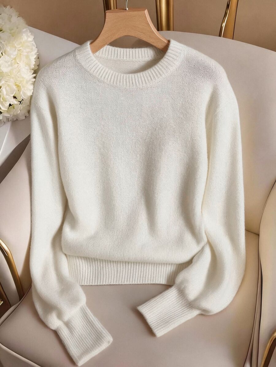 SHEIN BASICS 女款素色休閒百搭日常穿著長袖針織衫 - 白色 - 查看 1