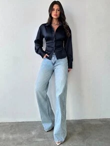 Firerie 女款長袖襯衫，後腰收腰襯衫，日常通勤襯衫，度假襯衫，收腰襯衫，春夏秋冬通勤服飾，優雅，度假，波希米亞風，工作服 - 藏蓝色 - 查看 4