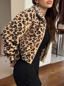 SHEIN EZwear Autumn/Winter Fashion Retro Leopard Print Plush Loose Jacket - Khaki - View 4