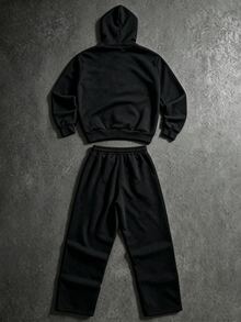 Manfinity Roghcode Men's English Letter Print Hooded Zip-Up Patchwork Sweatshirt And Patchwork Long Sweatpants Set, Casual Comfortable Versatile, Suitable For Outings, Commuting, Street Style, Home, Travel, Vacation, Daily Wear - Black - View 2