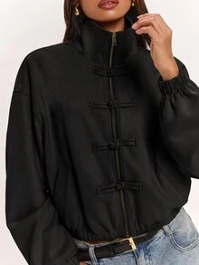 SHEIN BAE Women's Solid Color Drop Shoulder Long Sleeve Frog Button Design Zipper Front Jacket - Black - View 6