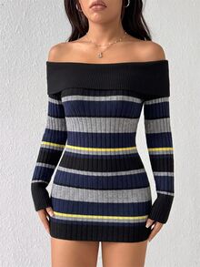 Jeanoix Women's Off-Shoulder Black And White Ribbed Ribbed Knit Bodycon Mini Dress, Long Sleeve Stretch Slim Fit Y2K Retro Sexy Short Night Out Club Autumn - Black - View 6