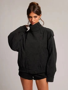 SHEIN BAE جاكيت نسائي بلون موحد بياقة واقفة كاجوال متعدد الاستخدامات للسفر اليومي بأكمام طويلة - الأسود - مشاهدة 4
