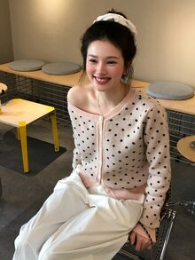 DAZY Women's Asymmetrical Shoulder Polka Dot Korean Style Long Sleeve Autumn/Winter Cardigan - Pink - View 8