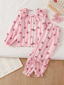 SHEIN 2-Piece Girls Toddler Cute Ruffle Lapel Long Sleeve & Long Pants Pink And White Striped Bow Print Comfy Lightweight Knit Autumn/Winter Pajamas - Baby Pink - View 3