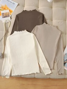Tween Girl 3pcs Casual All-Match Versatile Solid Color Ribbed Lettuce Trim Mock Neck Tee - Multicolor - View 2