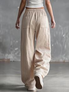 SHEIN EZwear Fall Beige Linen Drawstring Wide Leg Long Pants Women, Elastic Waist, Drapey Loose Straight Floor Length, Casual Home Brunch Commute Vacation - Khaki - View 2
