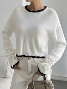 DAZY Women's Versatile Fashion Contrast Color Tie Cuff Sweater Autumn Night Out White And Black Sexy Minimalist Modest - White - View 5