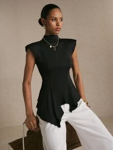 Poéselle Women's Black Stand Collar Cap Sleeve Asymmetric Hem Fashion T-Shirt,Chic Top,Elegant Women's Blouses,Work Outfits,Casual Blouses,Gothic,Fall/Winter - Black - View 7