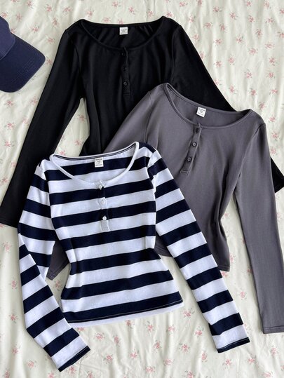 Tween Girls T-Shirts Early Autumn, Autumn/Winter Halloween Christmas Party Casual Basic Button Placket Charcoal Grey Black Striped 3-Piece Set