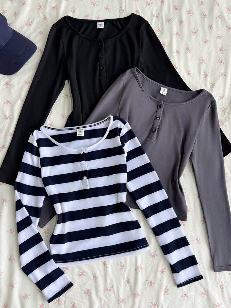 Tween Girls T-Shirts Early Autumn, Autumn/Winter Halloween Christmas Party Casual Basic Button Placket Charcoal Grey Black Striped 3-Piece Set - Multicolor - View 1