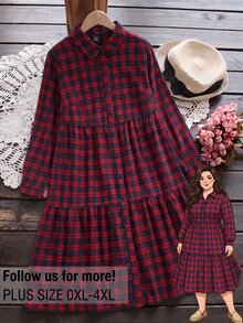 Rusticease Plus Size Plaid Lapel Long Sleeve Button Front Ruffle Trim Casual Shirt Dress Fall Winter 2026 - Multicolor - View 11