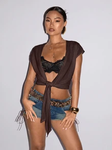 SHEIN ICON 女款深V領打結繆思風上衣 - 咖啡棕 - 查看 4