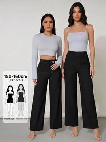 SHEIN PETITE 高腰寬腿夏季長褲 100%純棉 - 黑色 - 查看 6
