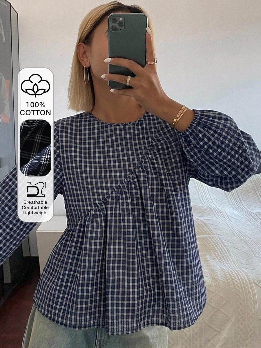 DAZY 女款純色寬鬆短袖圓領百褶休閒度假夏季襯衫上衣 - 藍色 - 查看 1