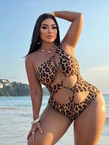 SHEIN Swim New Summer Beach Vacation Sexy Cutout Textured Fabric Asymmetrical One-Shoulder Design Plus Size One-Piece Swimsuit - Multicolor - View 3