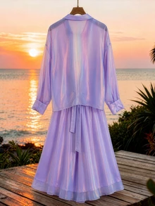 GlowEve CURVE Plus Size Women's Solid Color Pleated Top And Skirt Fashion Set Fall - Purple - View 2