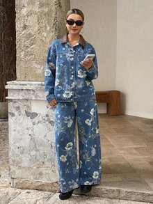 DAZY Women's Floral Print All-Over Loose Denim Jacket And Straight Leg Pants Vacation Style Denim Set Fall - Medium Wash - View 6