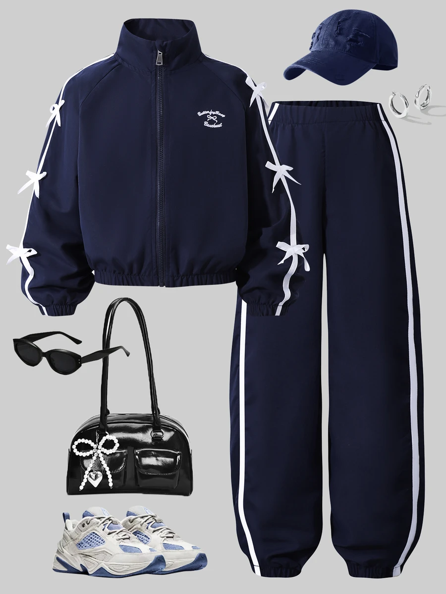SHEIN Tween Girls' Casual Versatile Minimalist Jacket Set, Fall Outfits, White Letter Embroidery On Chest, White Ribbon Bows On Sleeves And Pants Sides - Navy Blue - View 1