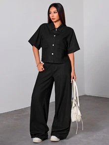 SHEIN PETITE 女款時尚單排扣口袋牛仔外套 外出早午餐旅行上衣 日常黑色夏季休閒基礎街頭風 - 黑色 - 查看 3