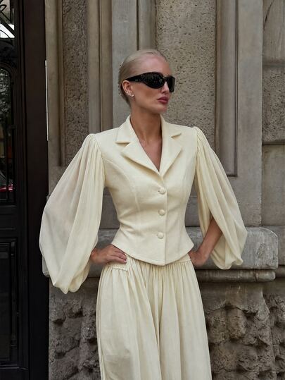 Lumalex Fall Winter Women's Chiffon Patchwork Flowy Long Sleeve Fitted Waist Blazer Dawn-To-Gala Elegant Poised Let Your Beauty Shine
