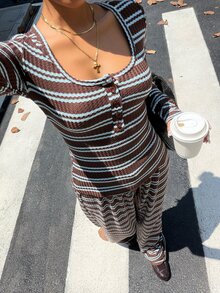 Muchica 2件組女款藍色與棕色條紋休閒街頭風套裝：半開襟秋季T恤與長褲－時尚都市度假風，城市度假日常穿搭 - 彩色 - 查看 5