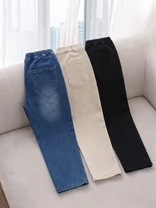 Tween Boys' 3PCS  Jeans, Embroidery Design, Pocket Design,Soft Cotton, Formal,  3 Colors,Aqua Blue Beige Black,Autumn,Back To School . - Multicolor - View 2