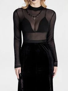 Breakform Gothic Women's Pleated Mesh Long Sleeve Mock Neck Sexy Elegant Fitted Top, Suitable For Concerts, Dates, Parties And Other Occasions - Black - View 4
