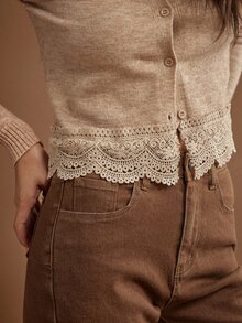 WESTFADE Button Front Long Sleeve Lace Hem Cardigan Sweater, Fall Winter 2026 Western Style Cowgirl Clothing, Rodeo, Female Country Look, Autumn, Festival - Khaki - View 6