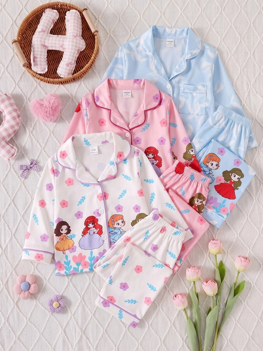 2pcs Set Piyama Bayi Perempuan Nyaman Lembut Hangat Lucu Putri Motif Bunga Warna-warni Merah Muda Tahan Api Kerah Depan Terbuka Lengan Panjang Celana Panjang - Baby Pink - View 1