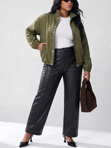 Solavibe Plus Size Olive Snap Button Bomber Jacket For Commute Street Style,Winter Clothing,Batwing Sleeve,Daily Commute,Urban Street Style,Fall/Winter - Green - View 8