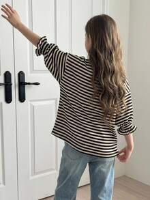 DAZY Tween Girls Apricot Knitted Striped Short Sleeve Round Neck Autumn Lantern Sleeve Loose T-Shirt - Apricot - View 2