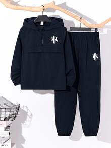 Tween Boy Half-Zip Hooded Jacket And Cuffed Pants 2 Pieces Set, Casual Sports Style For Autumn/Winter - Multicolor - View 1